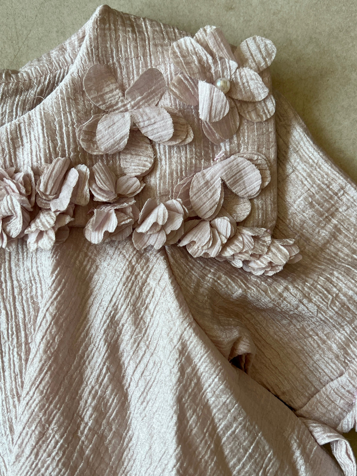 Blush Pink Shimmer Dress with 3D Flower Appliques for Girls, Ages 2-3, close-up, aataa kidd