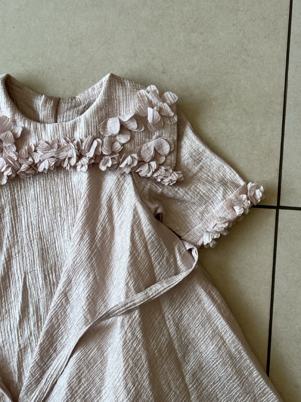 Blush Pink Shimmer Dress with 3D Flower Appliques for Girls, Ages 2-3, close-up, aataa kidd