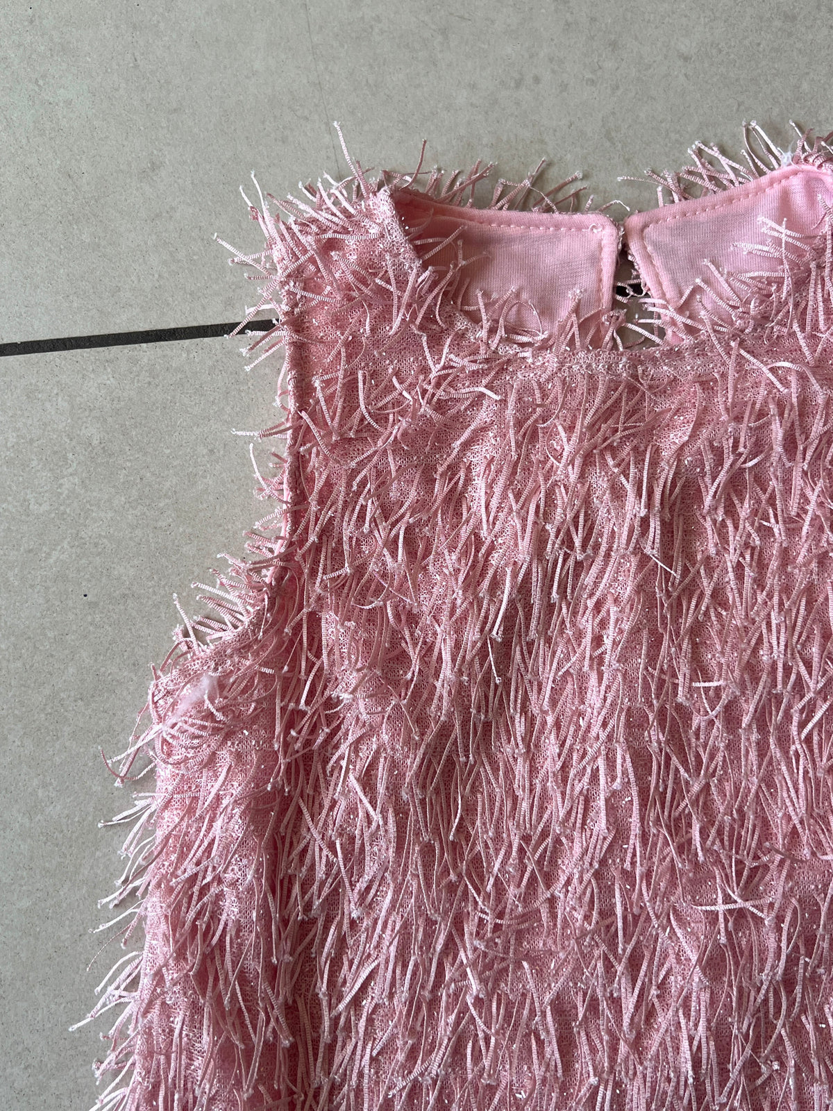 Baby Pink Feather-Fringe Sleeveless Mini Dress for Girls, Party Dress, close-up, aataa kidd
