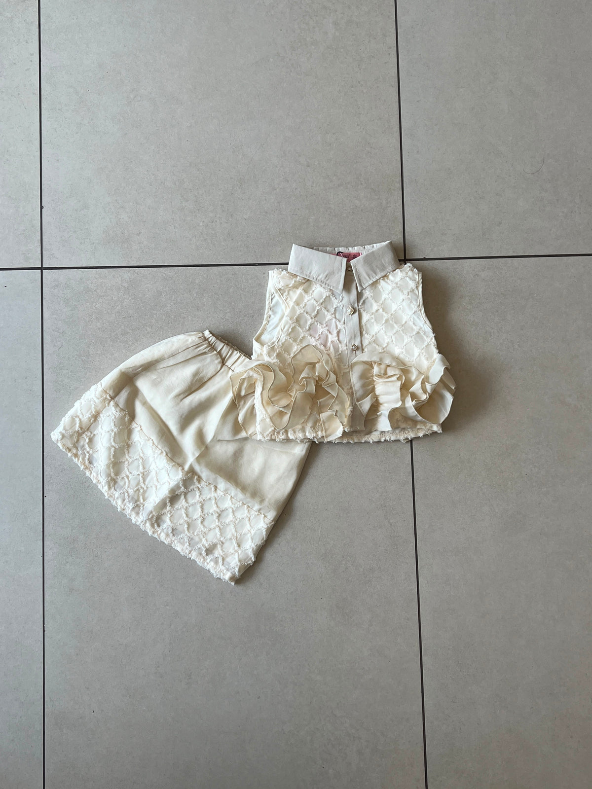 Ivory Quilted Ruffle Top and Sequin Floral Shorts Set for Girls, Ages 3-8, back view, aataa kidd