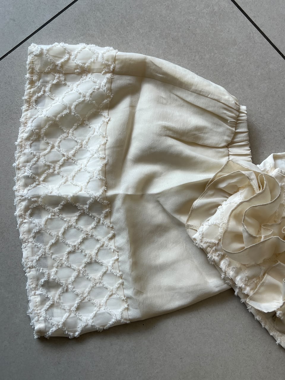 Ivory Quilted Ruffle Top and Sequin Floral Shorts Set for Girls, Ages 3-8, close-up, aataa kidd