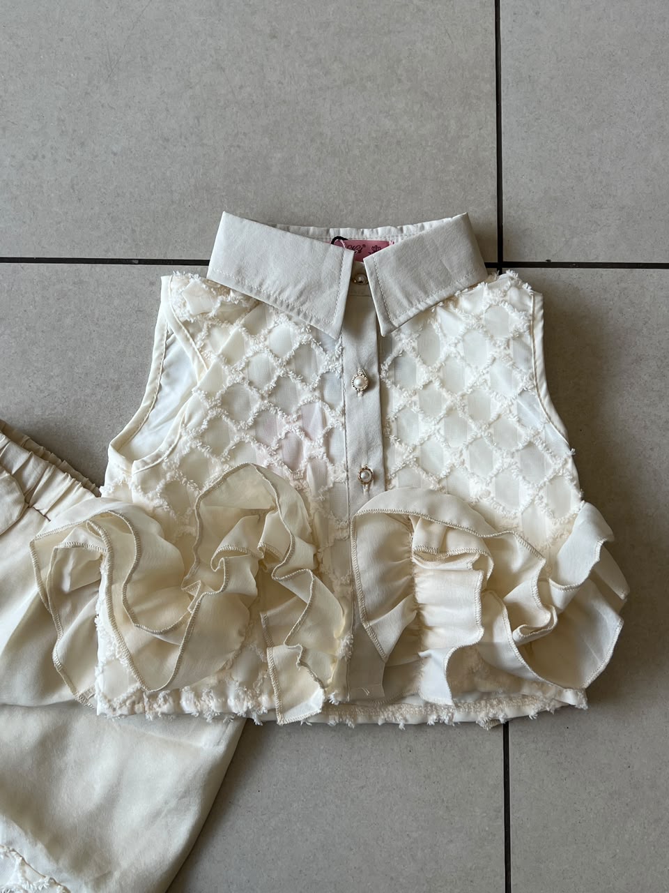 Ivory Quilted Ruffle Top and Sequin Floral Shorts Set for Girls, Ages 3-8, close-up, aataa kidd