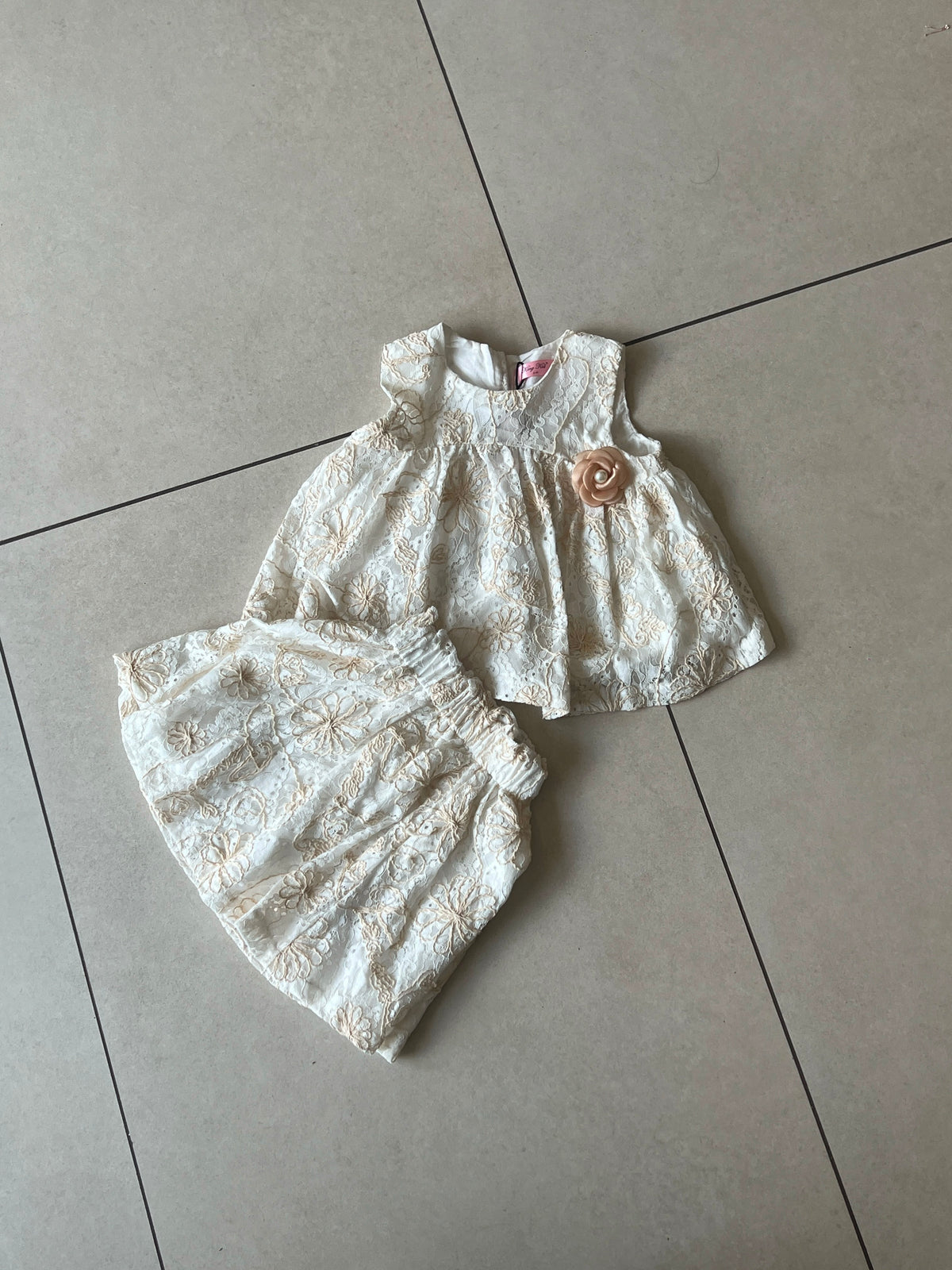 Cream Lace Embroidered Top and Bloomer Set with Rose Corsage, Girls Ages 3-7, lifestyle view, aataa kidd