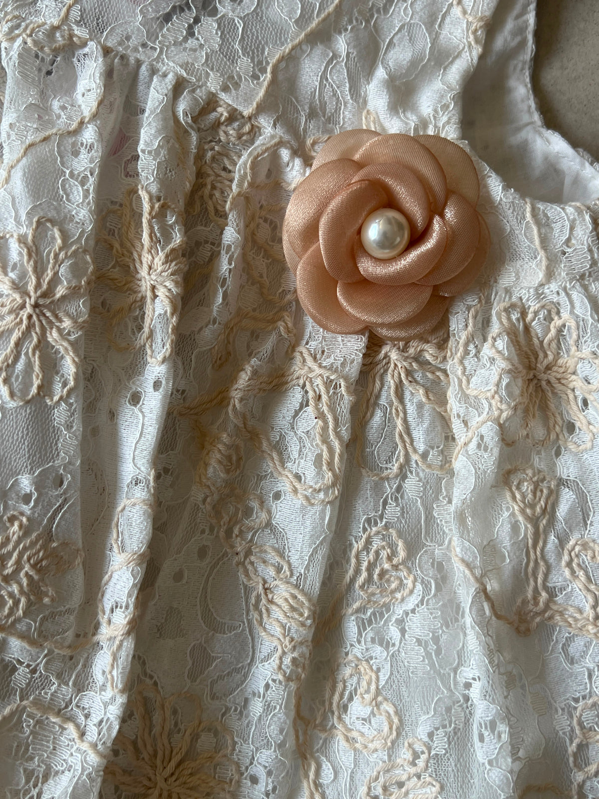 Cream Lace Embroidered Top and Bloomer Set with Rose Corsage, Girls Ages 3-7, close-up, aataa kidd