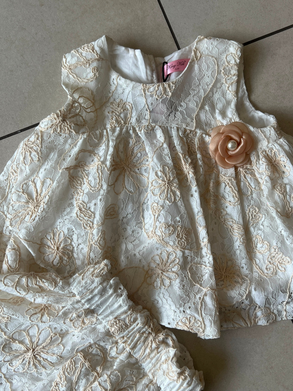 Cream Lace Embroidered Top and Bloomer Set with Rose Corsage, Girls Ages 3-7, close-up, aataa kidd