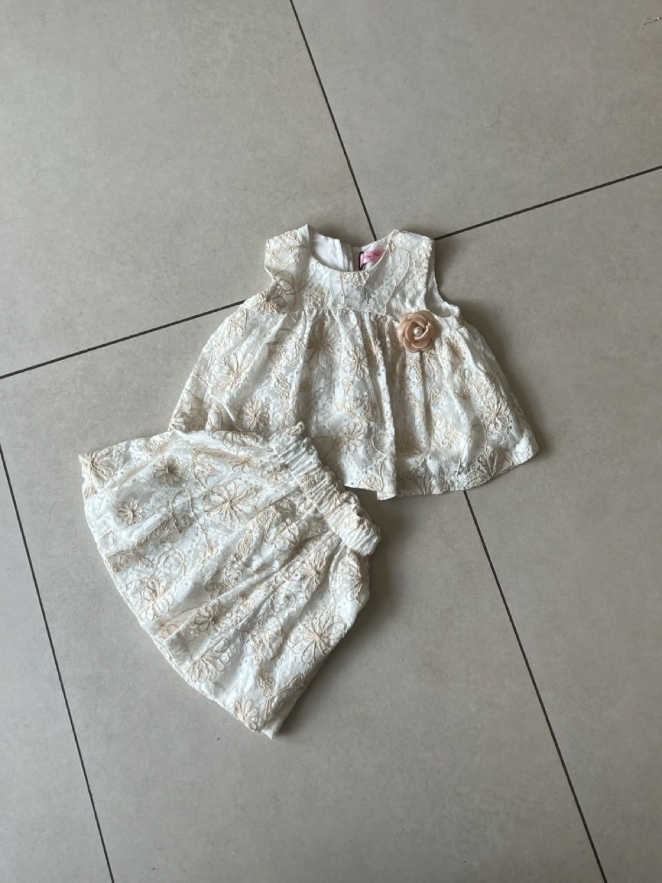 Cream Lace Embroidered Top and Bloomer Set with Rose Corsage, Girls Ages 3-7, close-up, aataa kidd
