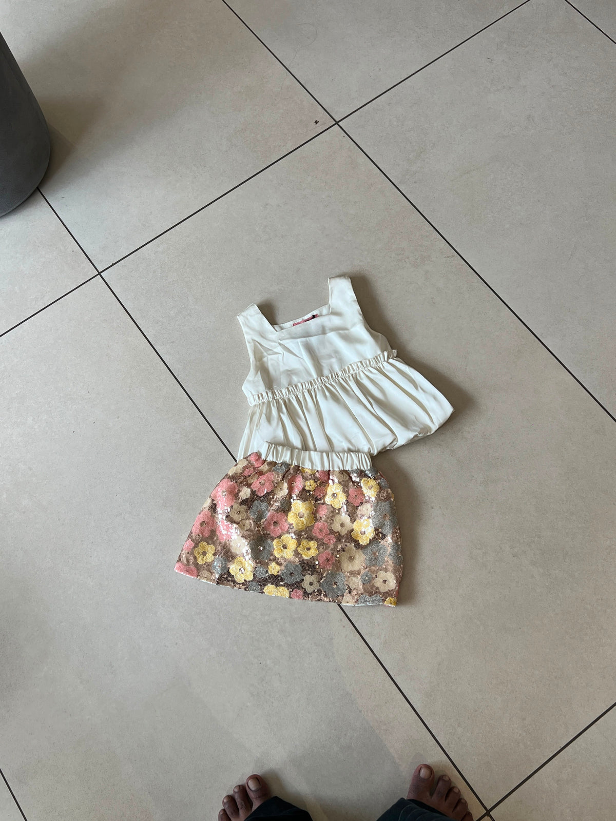 White Peplum Top and Sequin Floral Shorts Set for Girls, Ages 3-8, back view, aataa kidd