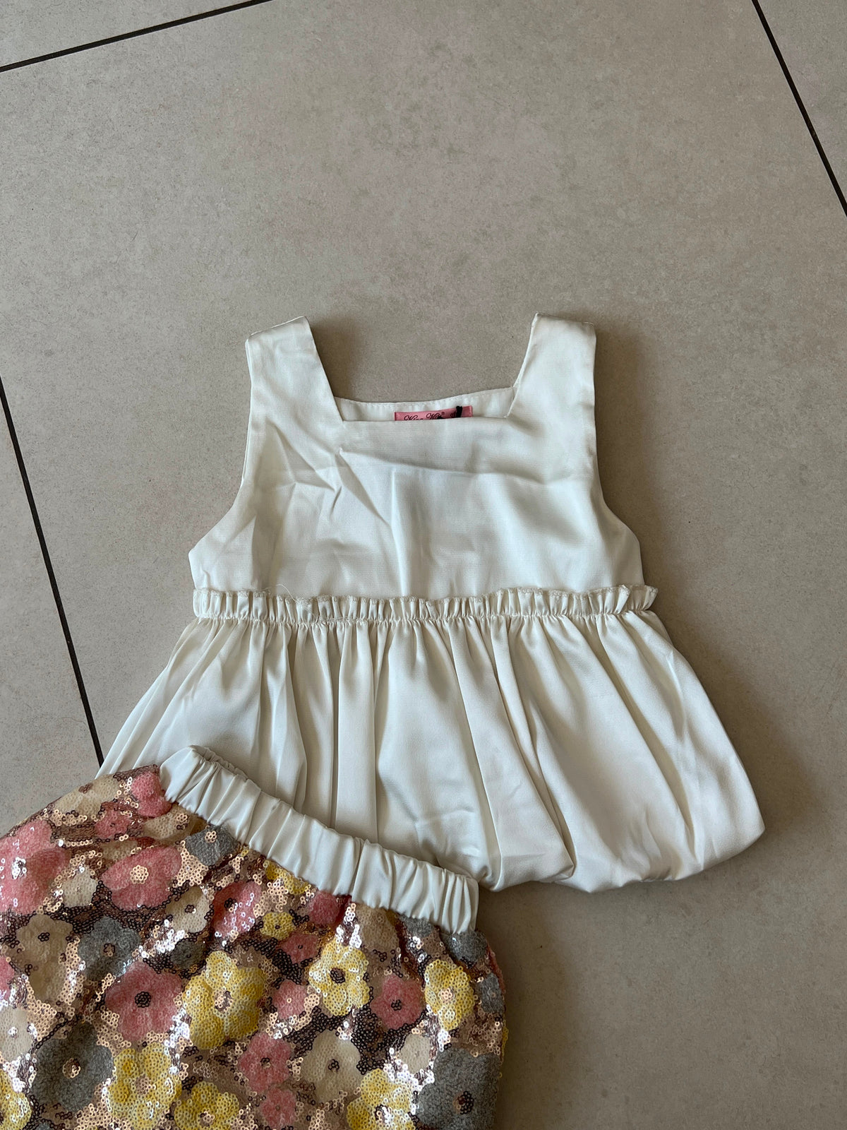 White Peplum Top and Sequin Floral Shorts Set for Girls, Ages 3-8, lifestyle view, aataa kidd