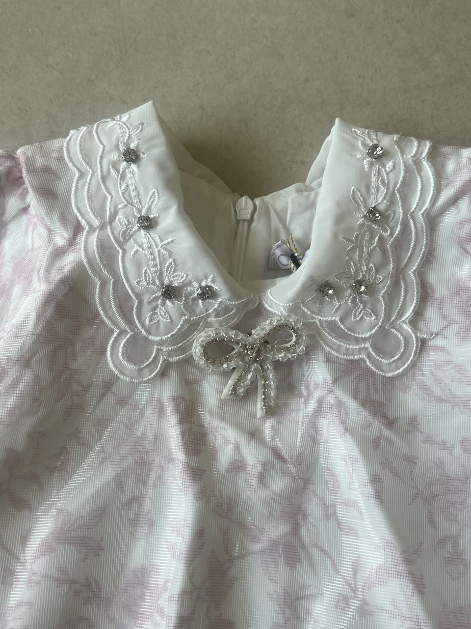 Pink Jacquard Frock with Lace Collar and Crystal Bow Brooch, Girls Ages 1-5, close-up, aataa kidd