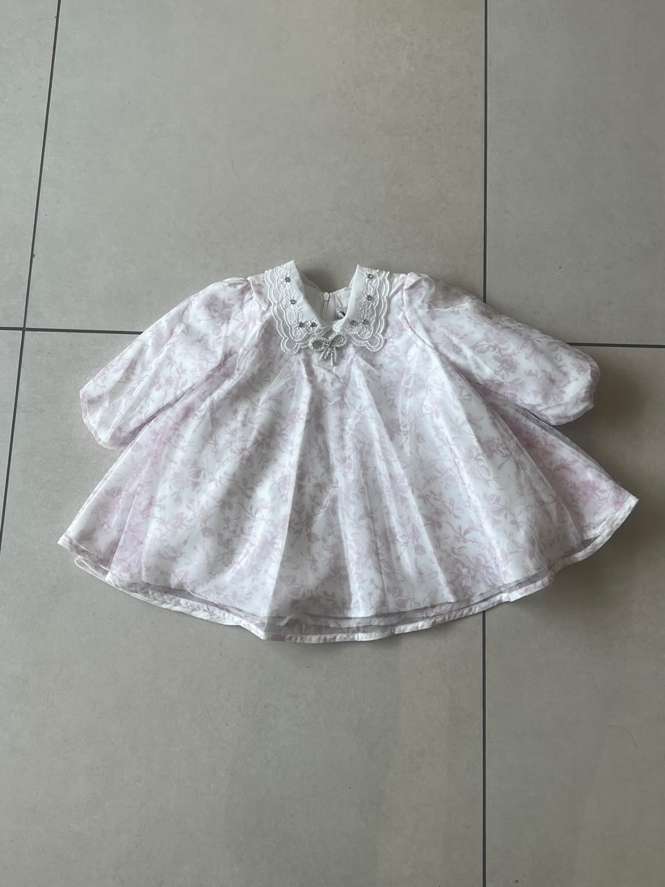 Pink Jacquard Frock with Lace Collar and Crystal Bow Brooch, Girls Ages 1-5, lifestyle view, aataa kidd