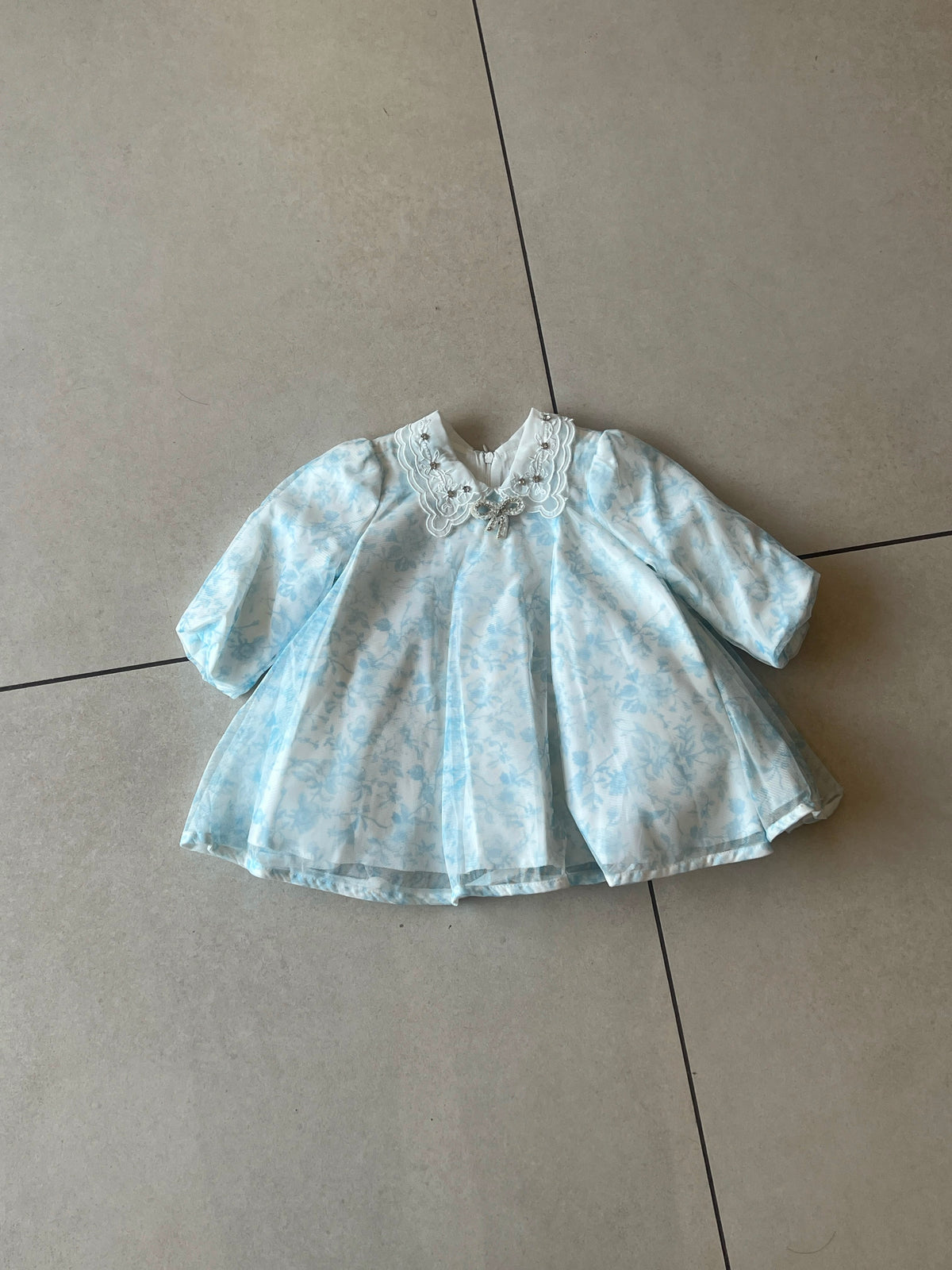 Blue Jacquard Frock with Lace Collar and Crystal Bow Brooch, Girls Ages 1-5, close-up, aataa kidd
