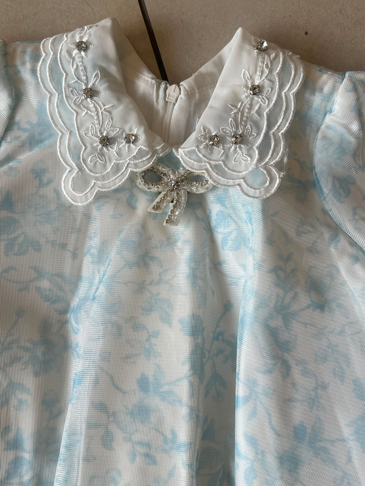Blue Jacquard Frock with Lace Collar and Crystal Bow Brooch, Girls Ages 1-5, close-up, aataa kidd
