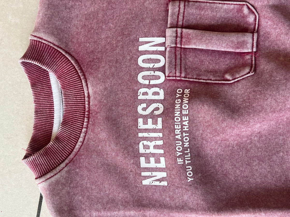 Burgundy Acid-Wash Graphic Sweatshirt for Kids, Vintage Print, Ages 2-5, close-up, aataa kidd