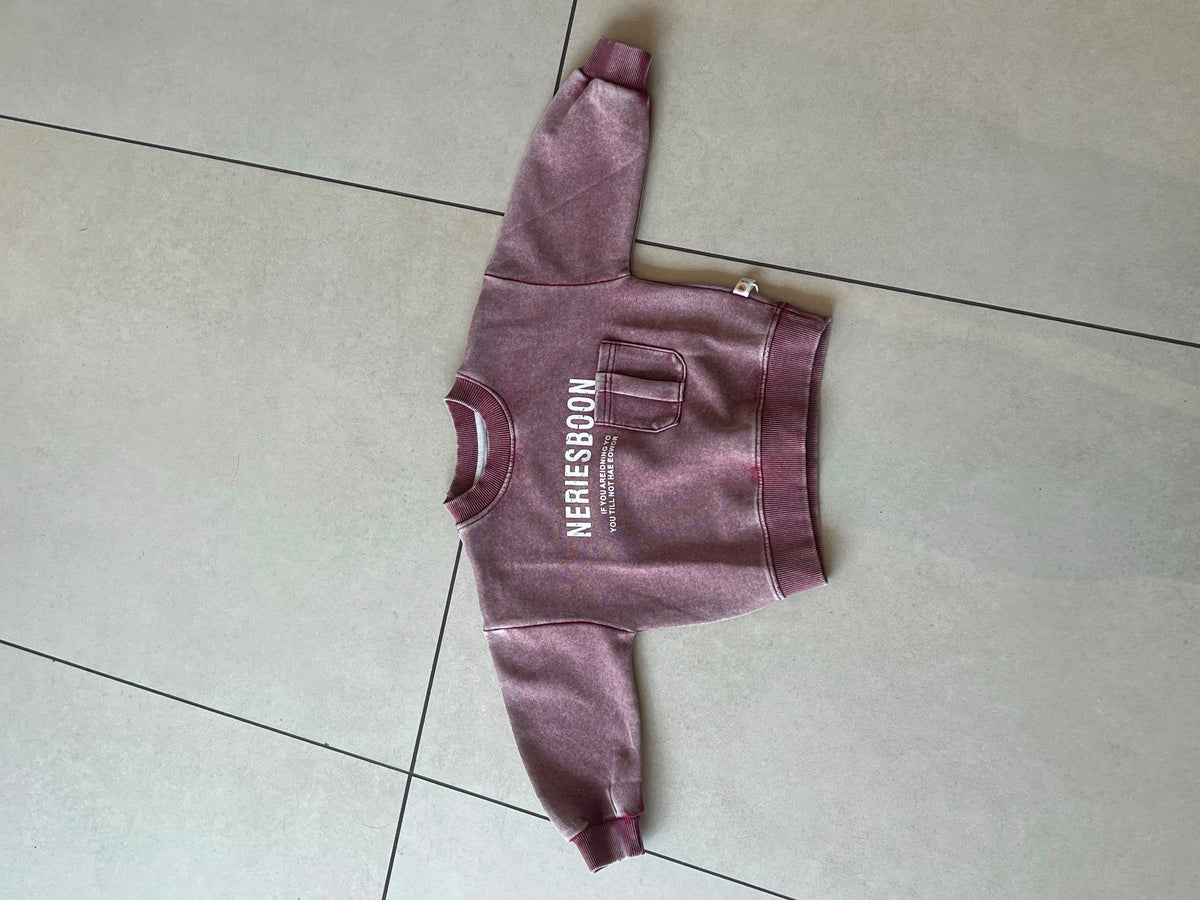 Burgundy Acid-Wash Graphic Sweatshirt for Kids, Vintage Print, Ages 2-5, close-up, aataa kidd