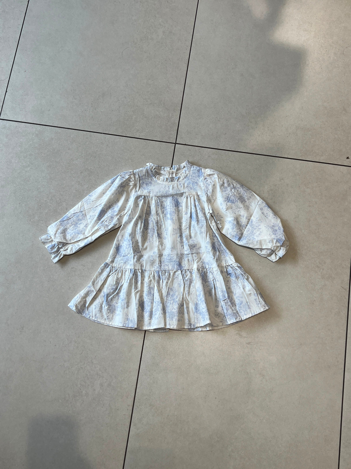 Blue Vintage Rose Toile Frock with Ruffle Collar, Girls Casual Dress, close-up, aataa kidd