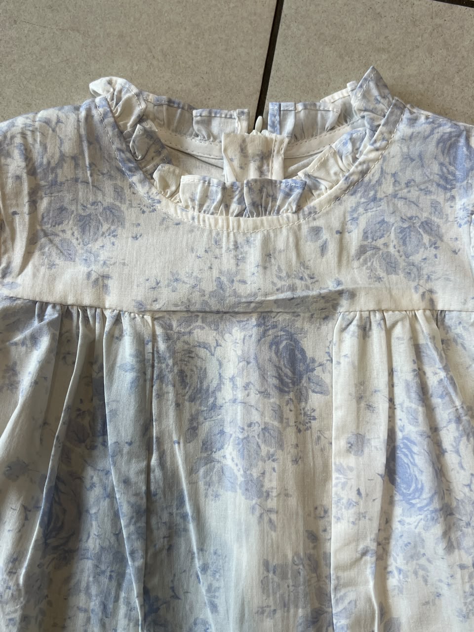 Blue Vintage Rose Toile Frock with Ruffle Collar, Girls Casual Dress, lifestyle view, aataa kidd