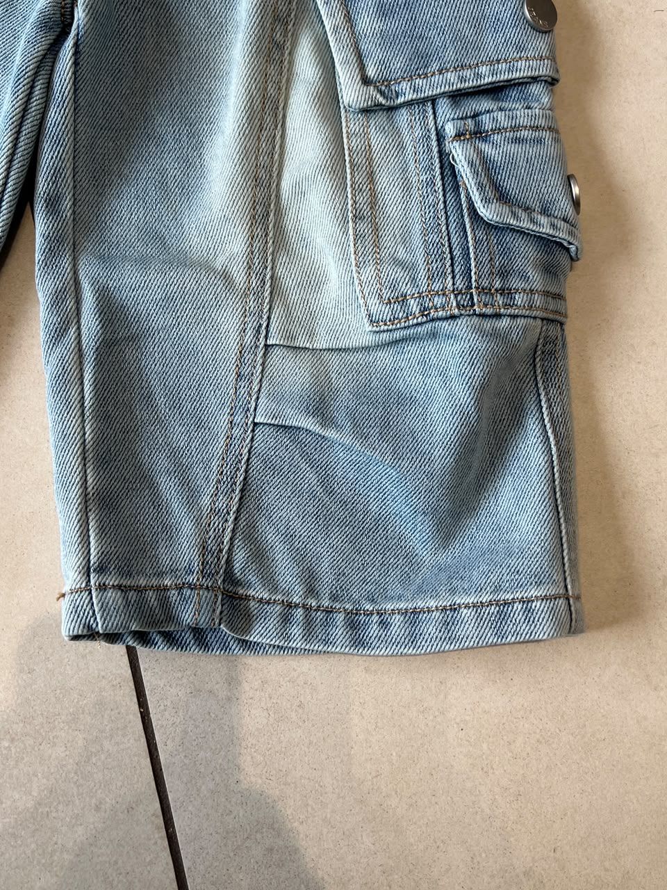 Light Wash Wide-Leg Denim Cargo Pants for Kids, Ages 1-4, close-up, aataa kidd