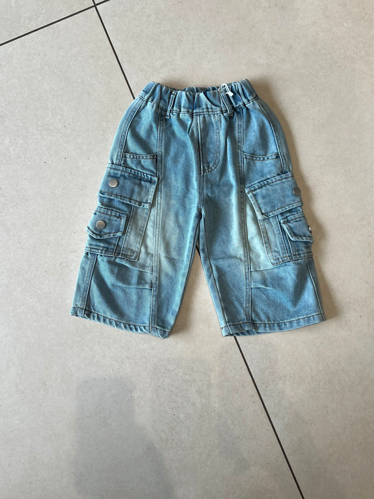 Light Wash Wide-Leg Denim Cargo Pants for Kids, Ages 1-4, lifestyle view, aataa kidd