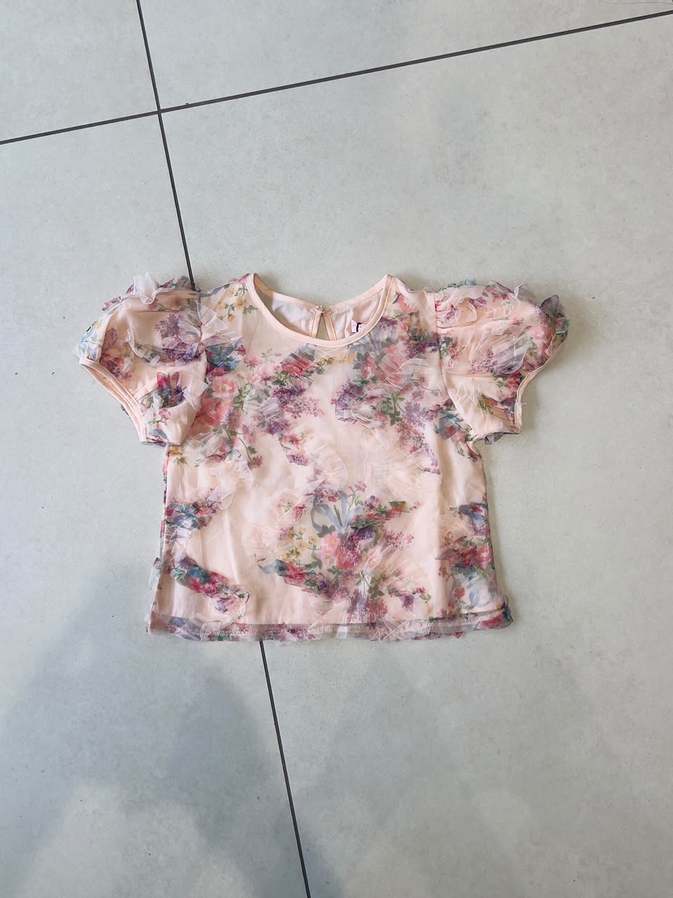 Blush Pink Floral Organza Ruffle Top for Girls, Party Top, Ages 1-4, back view, aataa kidd