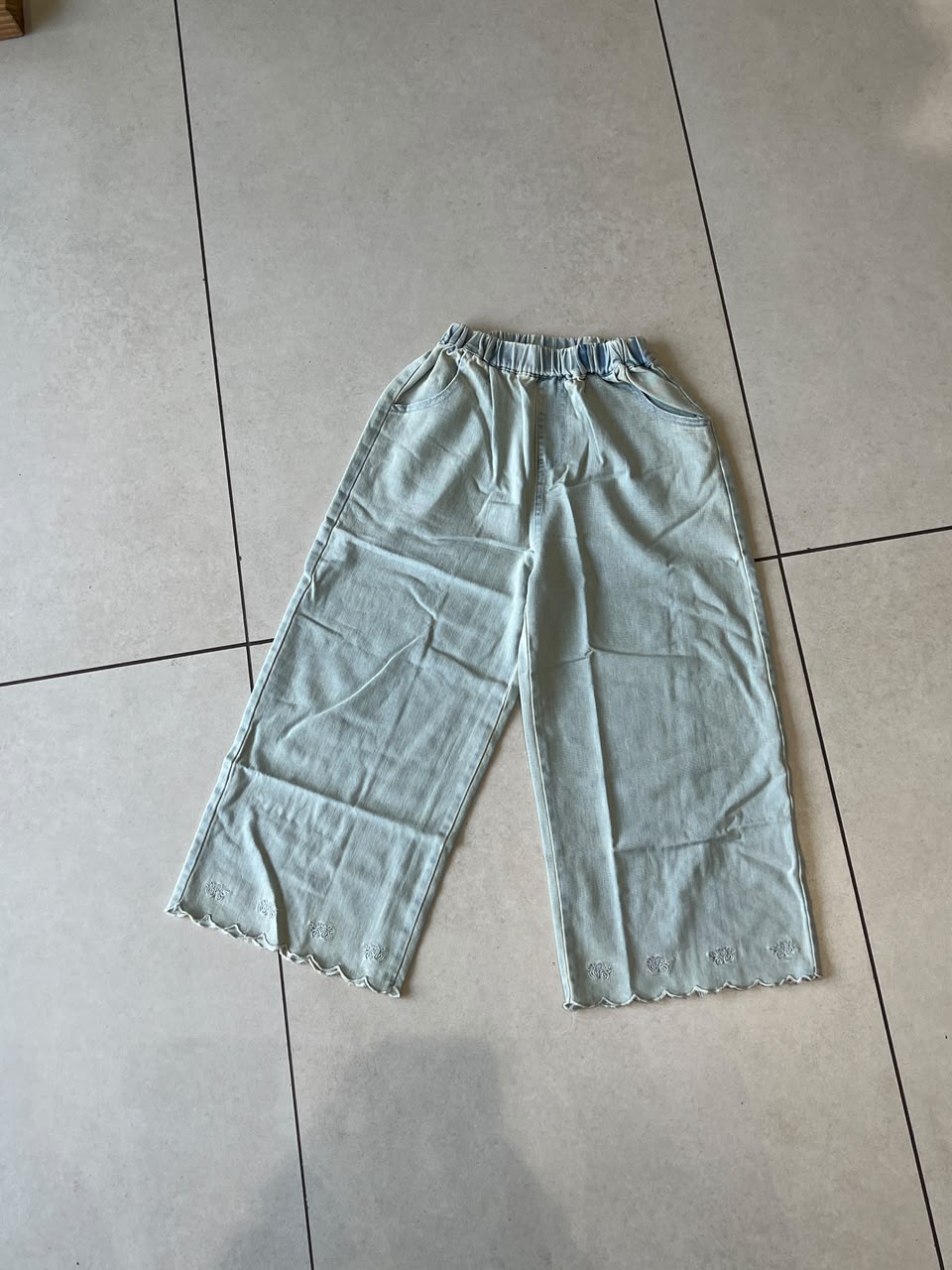 Wide-Leg Denim Pants for Girls | Floral Embroidery Hem | Ages 3-8