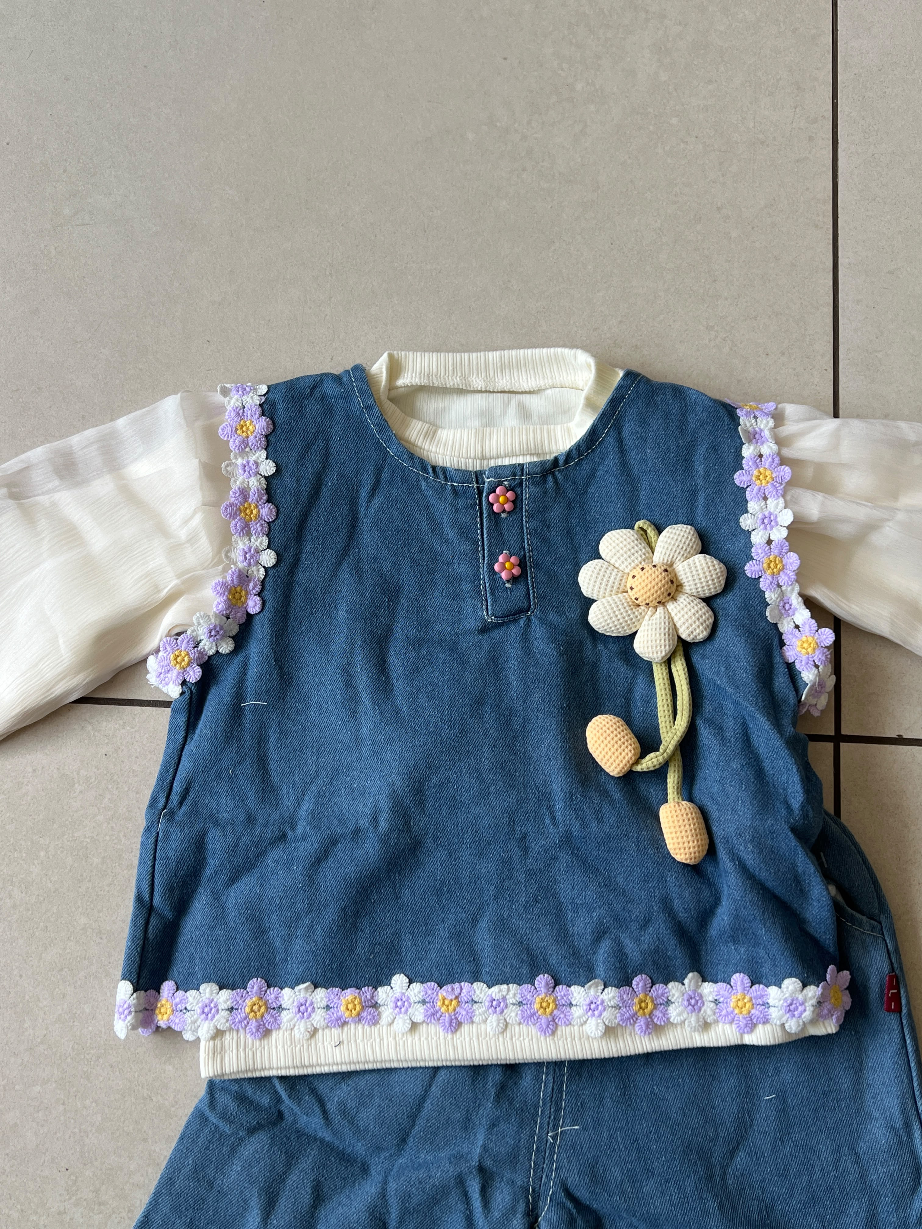 3-Piece Daisy Denim Set for Girls | Purple Flower Trim | Ages 2-5