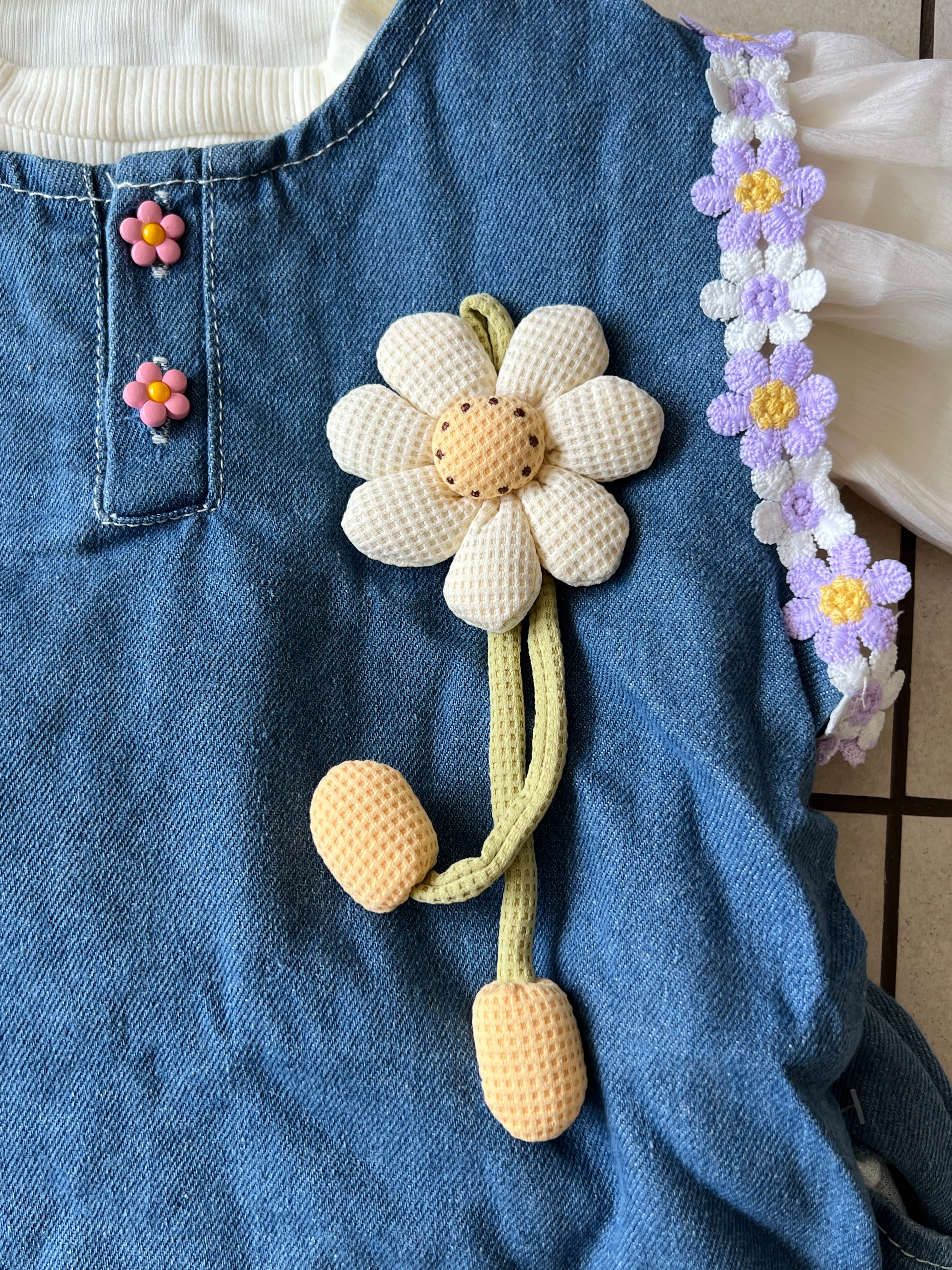 3-Piece Daisy Denim Set for Girls | Purple Flower Trim | Ages 2-5