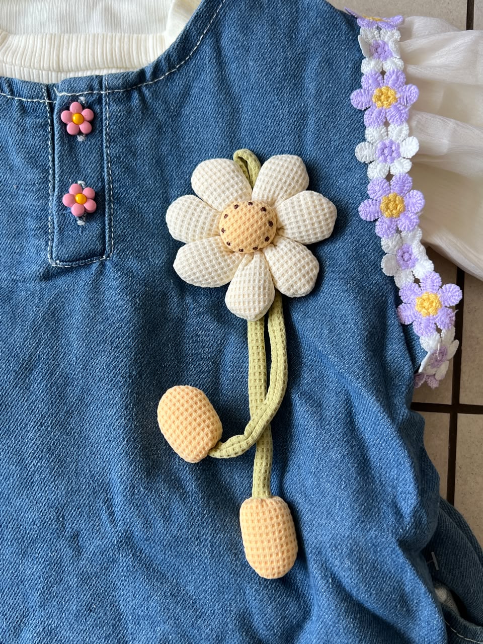 3-Piece Daisy Denim Set for Girls | Purple Flower Trim | Ages 2-5