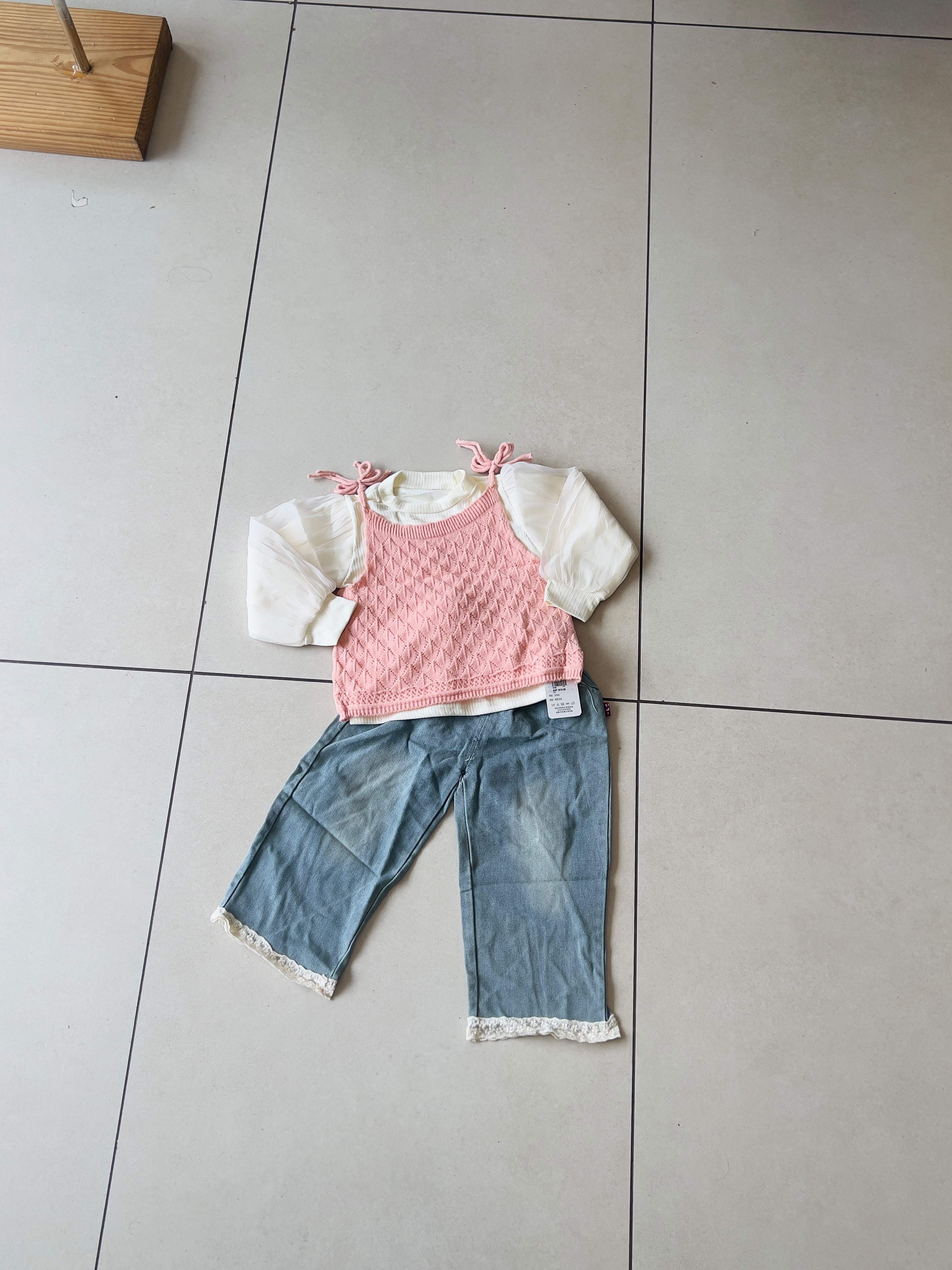 3-Piece Knit Vest Set for Girls | Pink Bow and Denim | Ages 2-6
