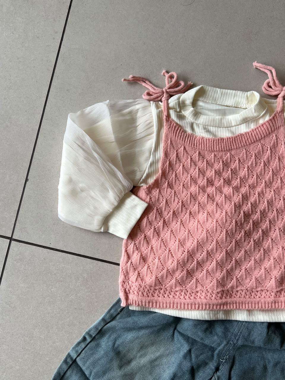 3-Piece Knit Vest Set for Girls | Pink Bow and Denim | Ages 2-6