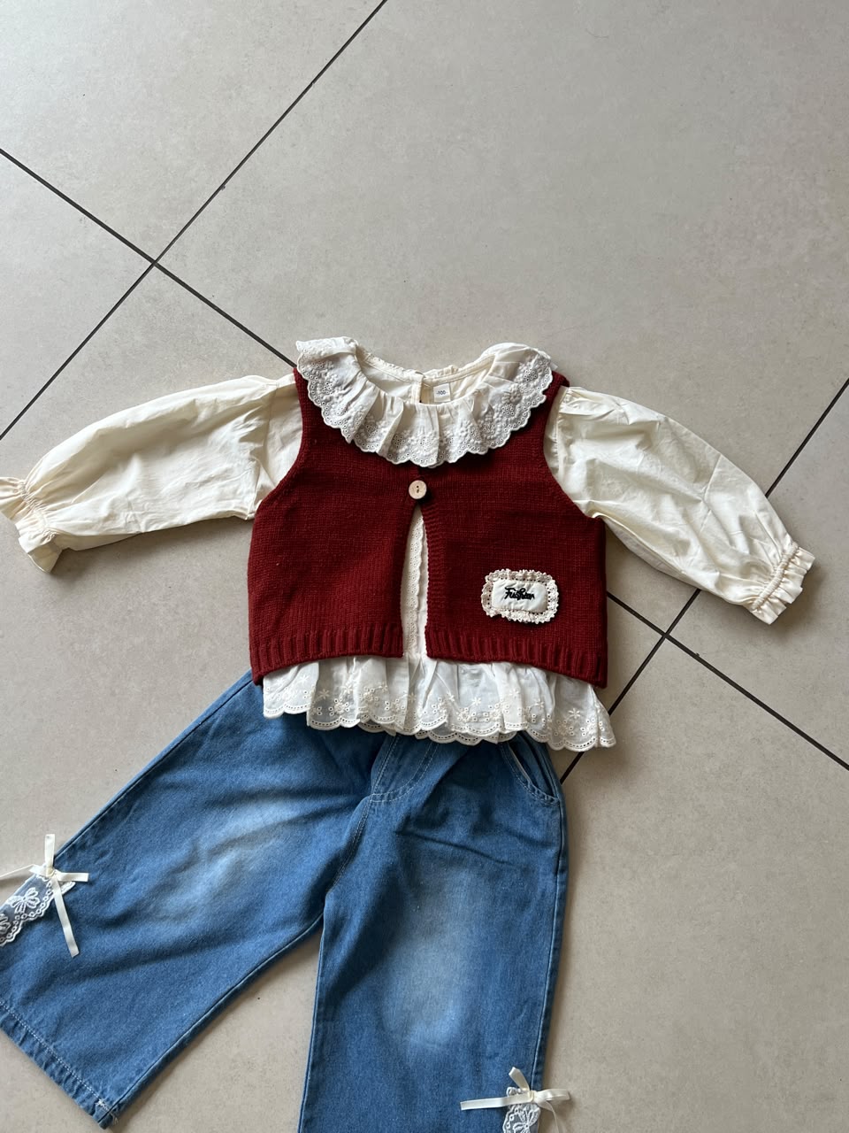 3-Piece Vintage Knit Set for Girls | Lace Ruffle Blouse | Ages 2-6