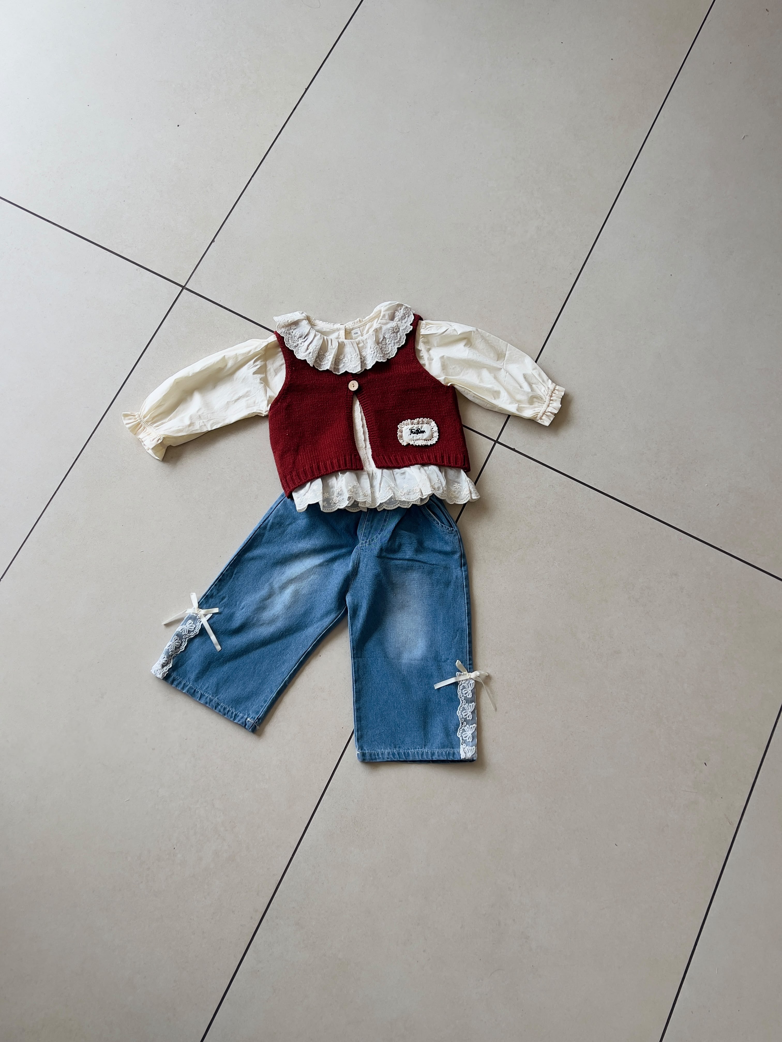 3-Piece Vintage Knit Set for Girls | Lace Ruffle Blouse | Ages 2-6