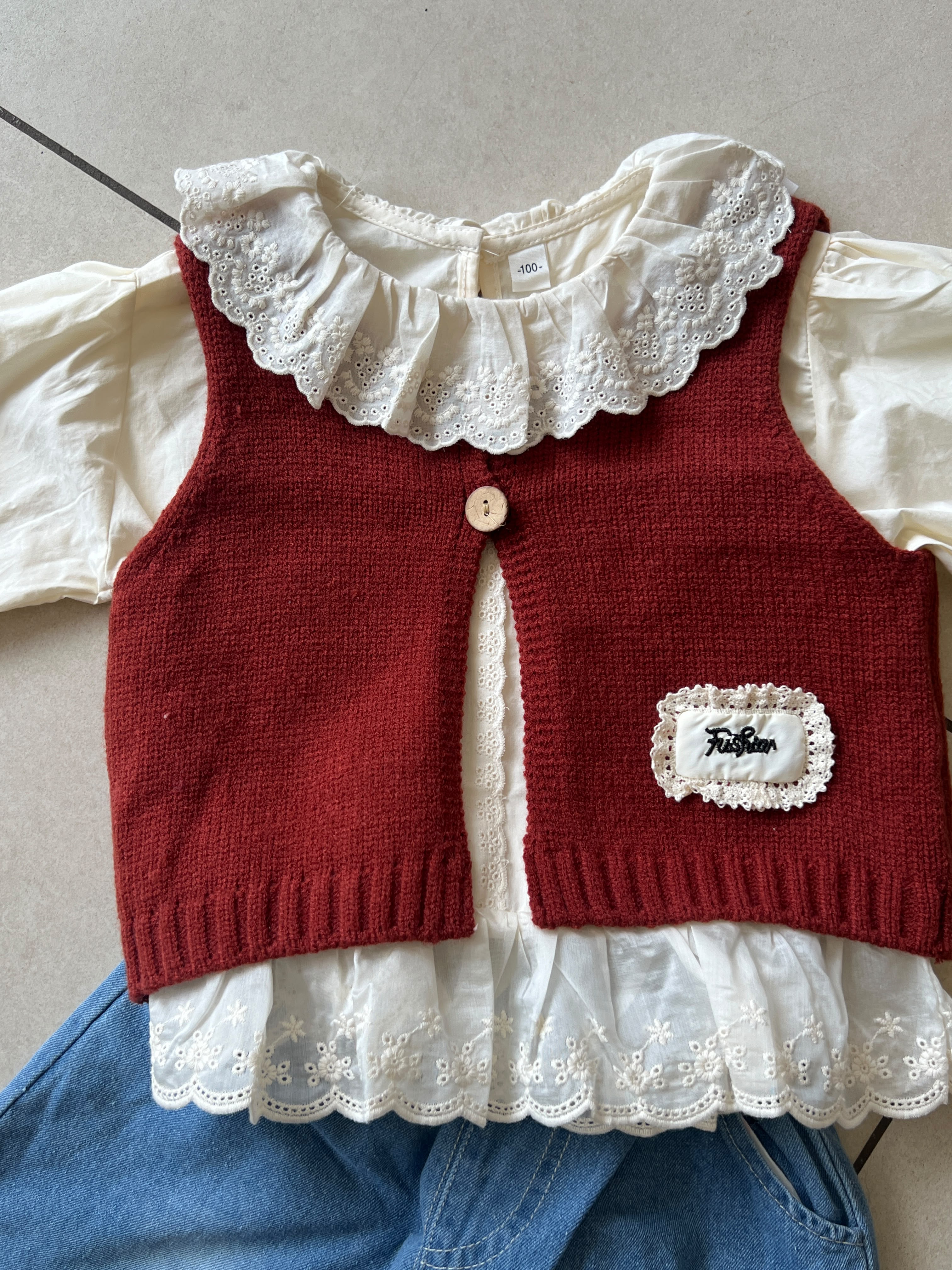 3-Piece Vintage Knit Set for Girls | Lace Ruffle Blouse | Ages 2-6
