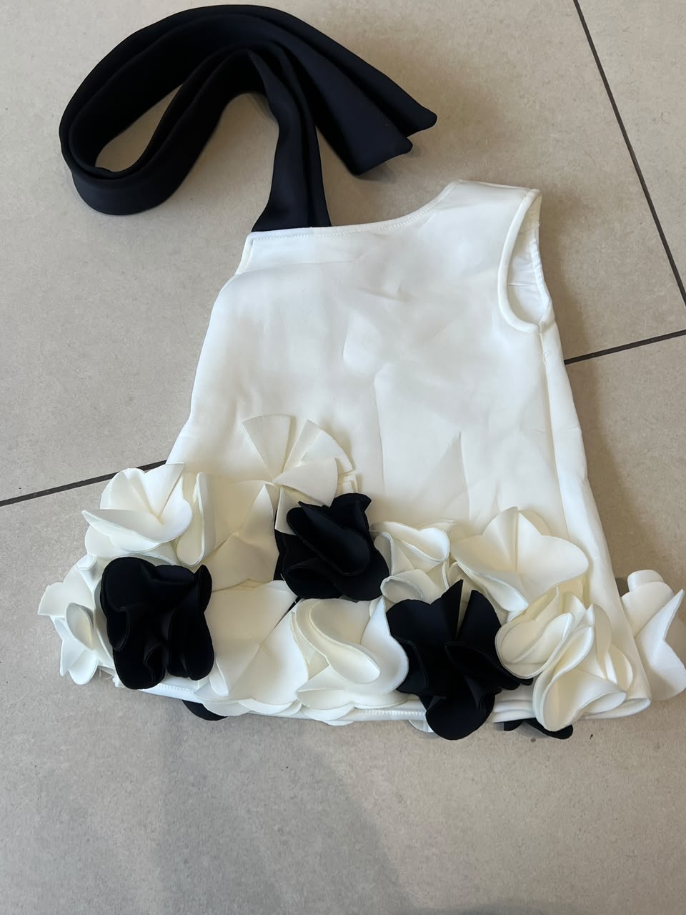 Ivory and Black 3D Floral Hem Party Dress for Girls | Ages 1–7, front view, aataa kidd