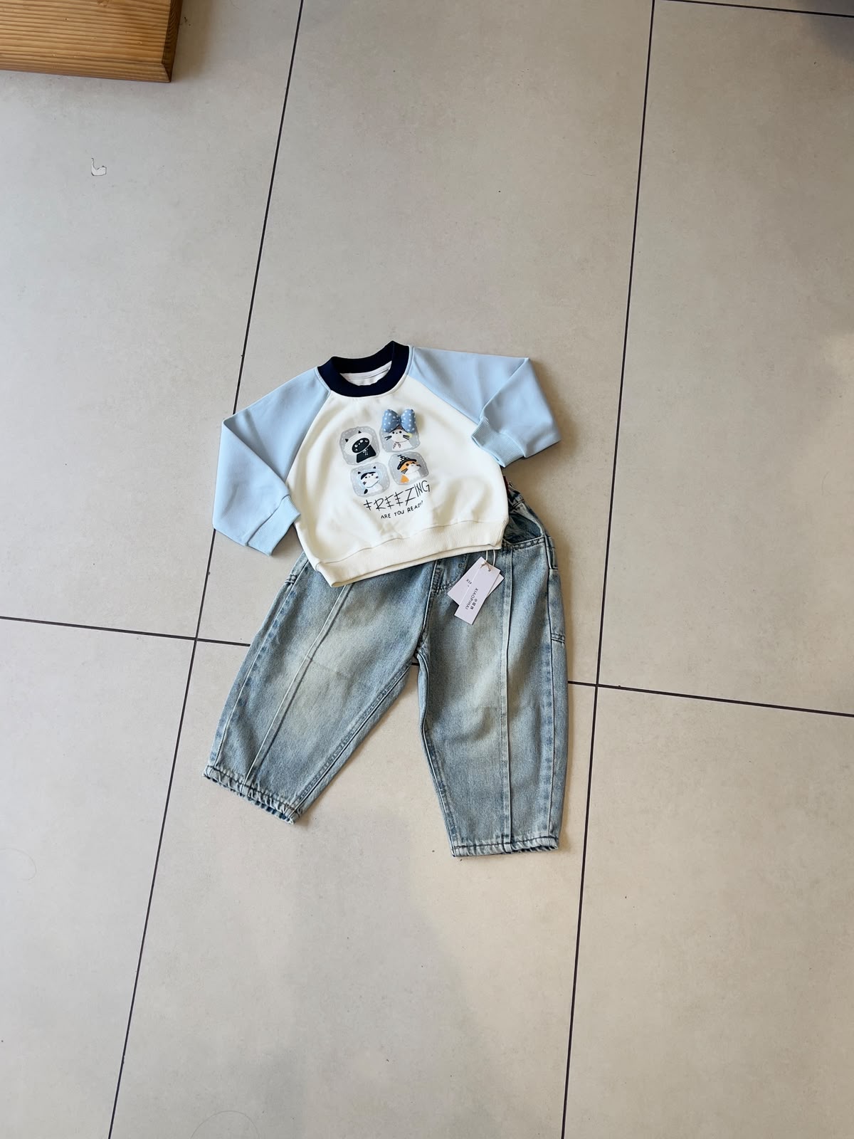 Kids Pastel Raglan Sweatshirt and Washed Denim Jeans Set | Ages 1–5, front view, aataa kidd