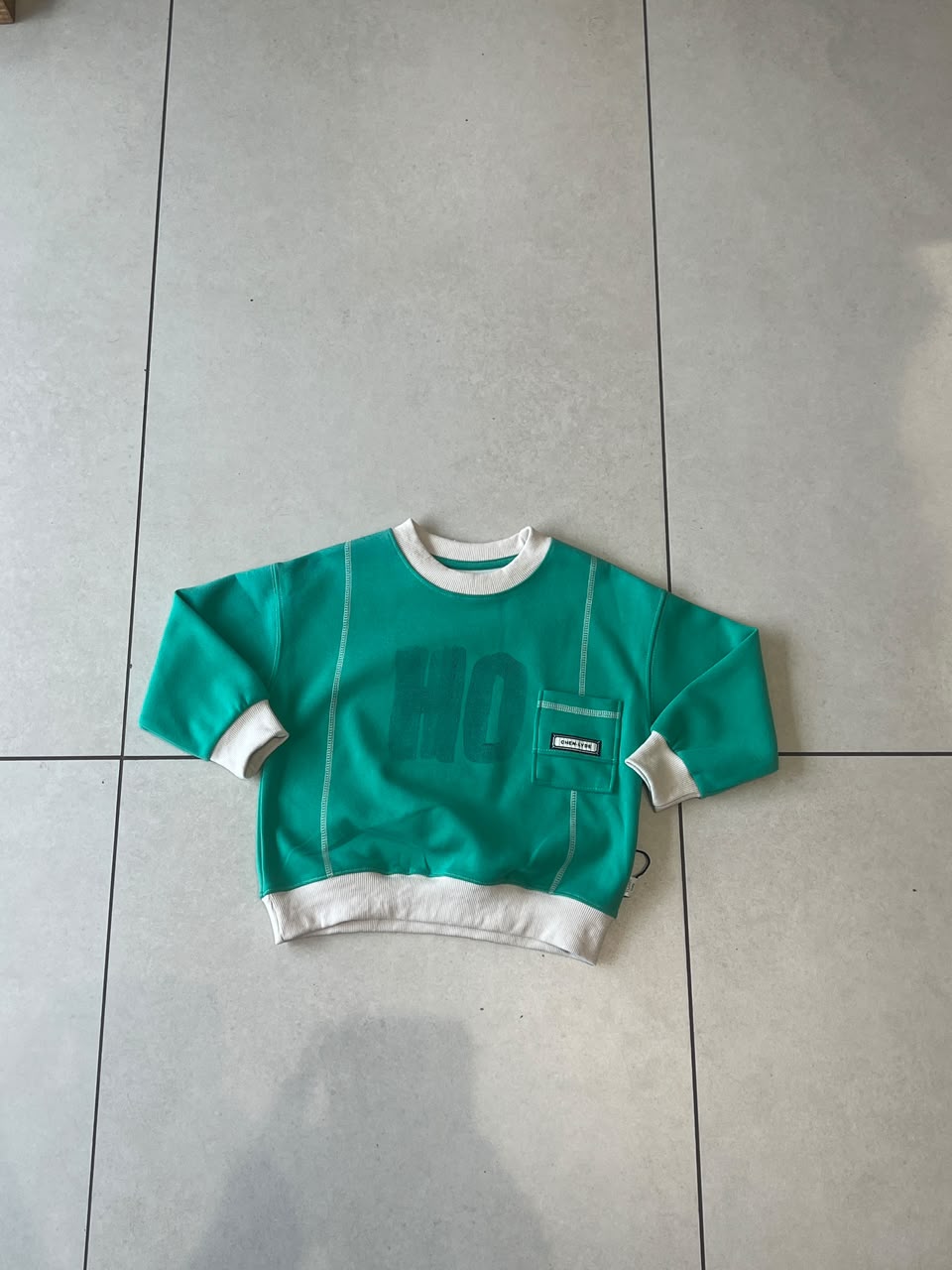Kids Emerald Green Contrast Stitch Fleece Sweatshirt with Pocket | Ages 3–7, back view, aataa kidd