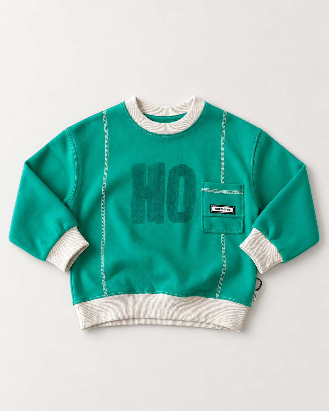 Emerald green contrast-stitch fleece sweatshirt, clean flat-lay front view