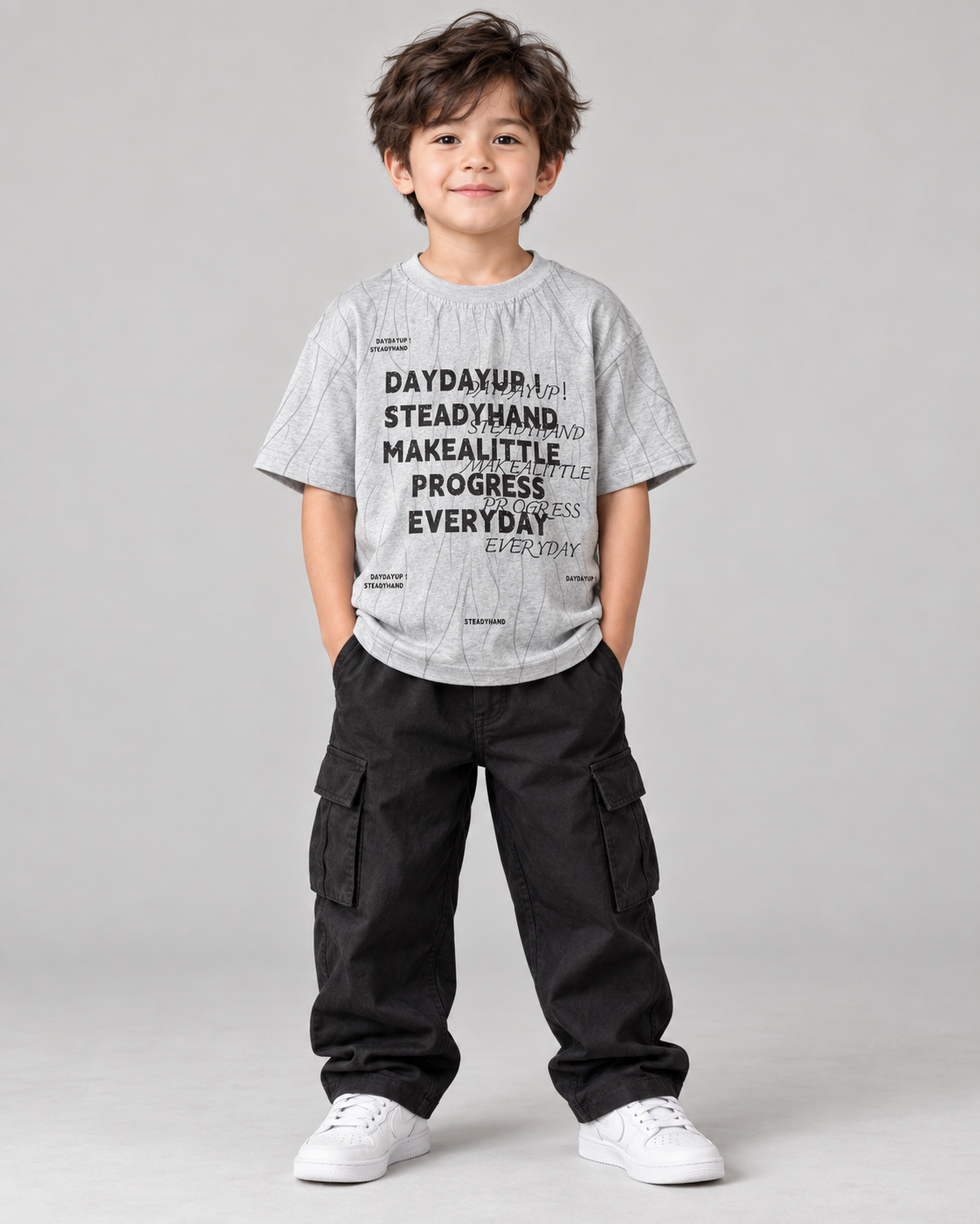 Everyday Crewneck Graphic Cotton T-Shirt for Kids | Ages 3–6, model wearing grey graphic T-shirt with black cargo pants, aataa kidd