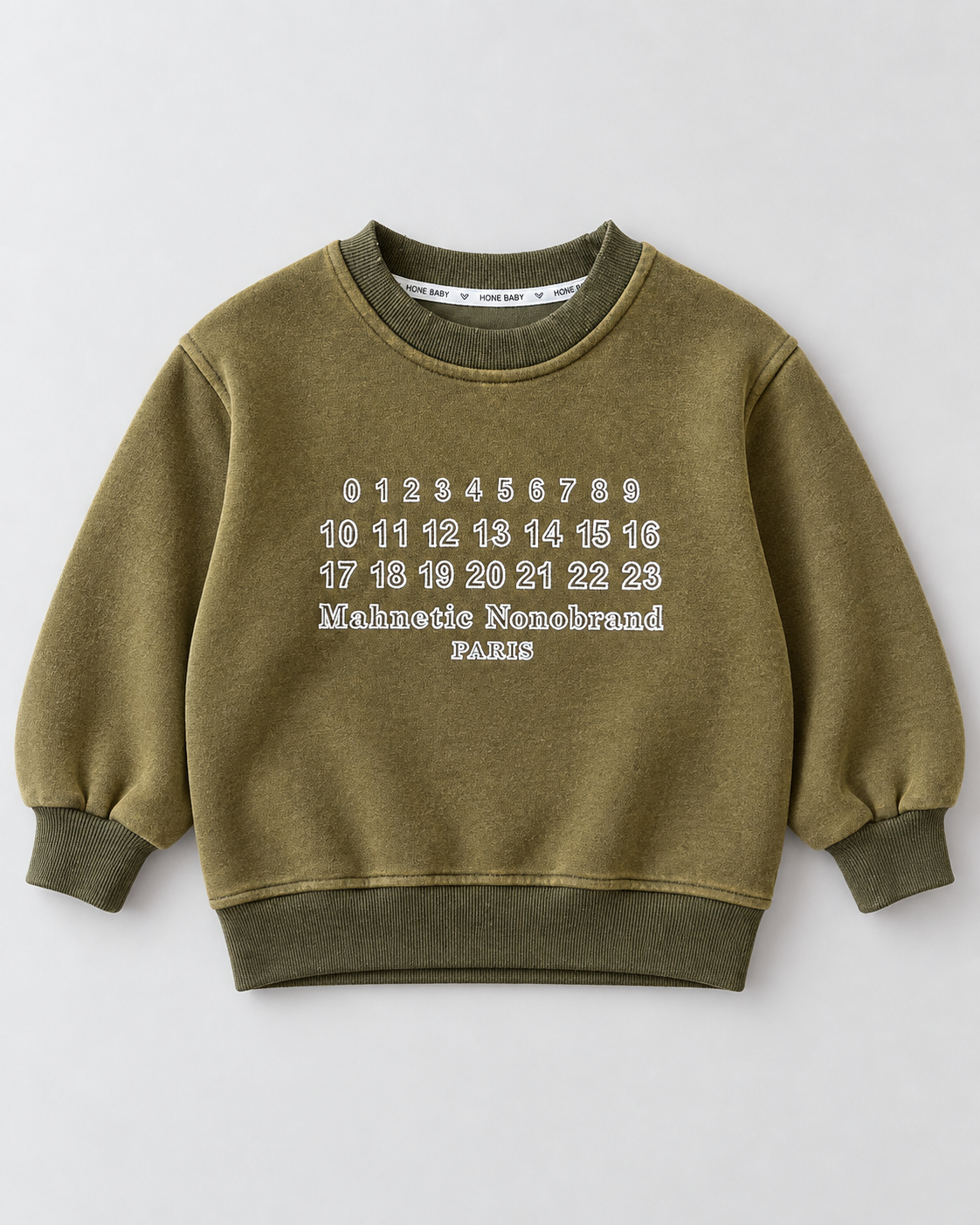 Olive number grid sweatshirt for kids ages 3–7, studio flat lay front view, aataa kidd