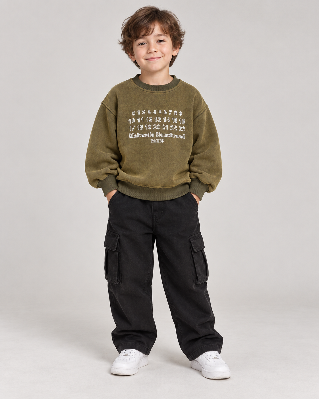 Olive number grid sweatshirt for kids ages 3–7, model wearing with black cargo pants, aataa kidd