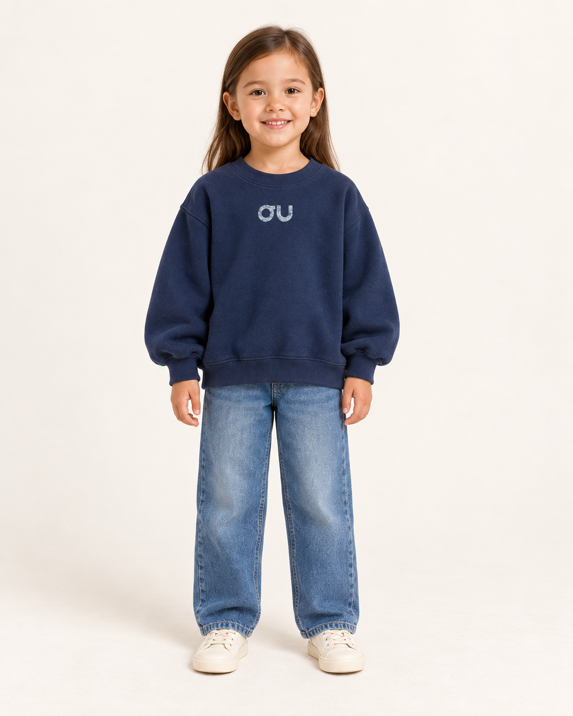 Navy OU sweatshirt for kids ages 3–7, cream studio model-wear image with blue jeans, aataa kidd