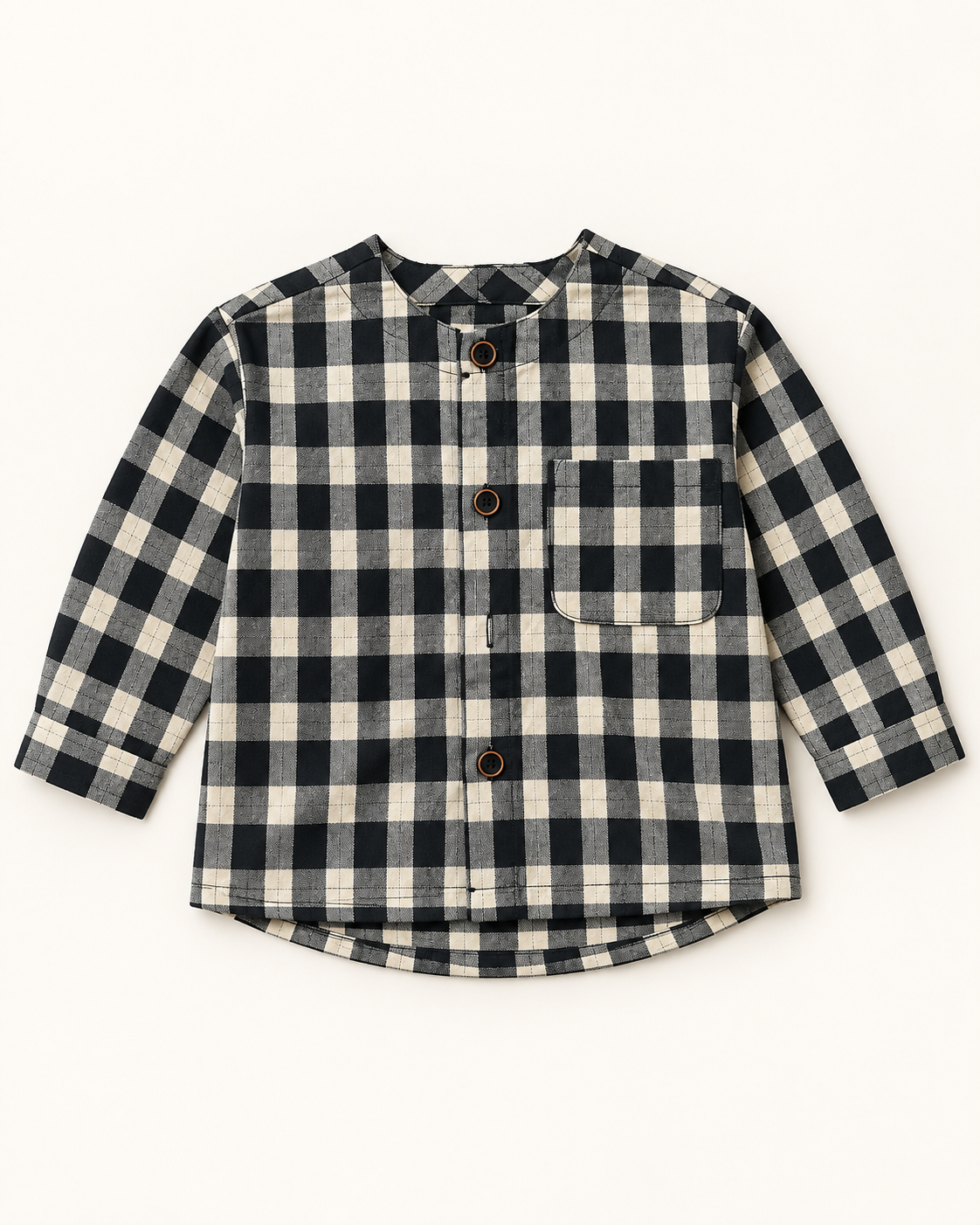 Black, charcoal-grey and cream check three-button band-collar shirt flat lay