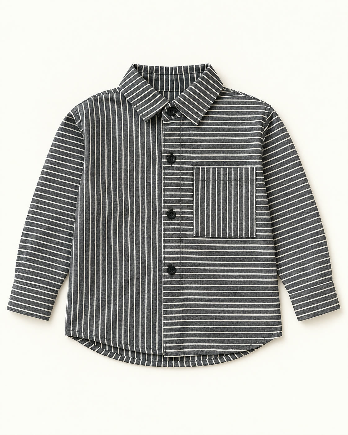 Dark charcoal mixed pinstripe shirt flat lay with vertical and horizontal panels