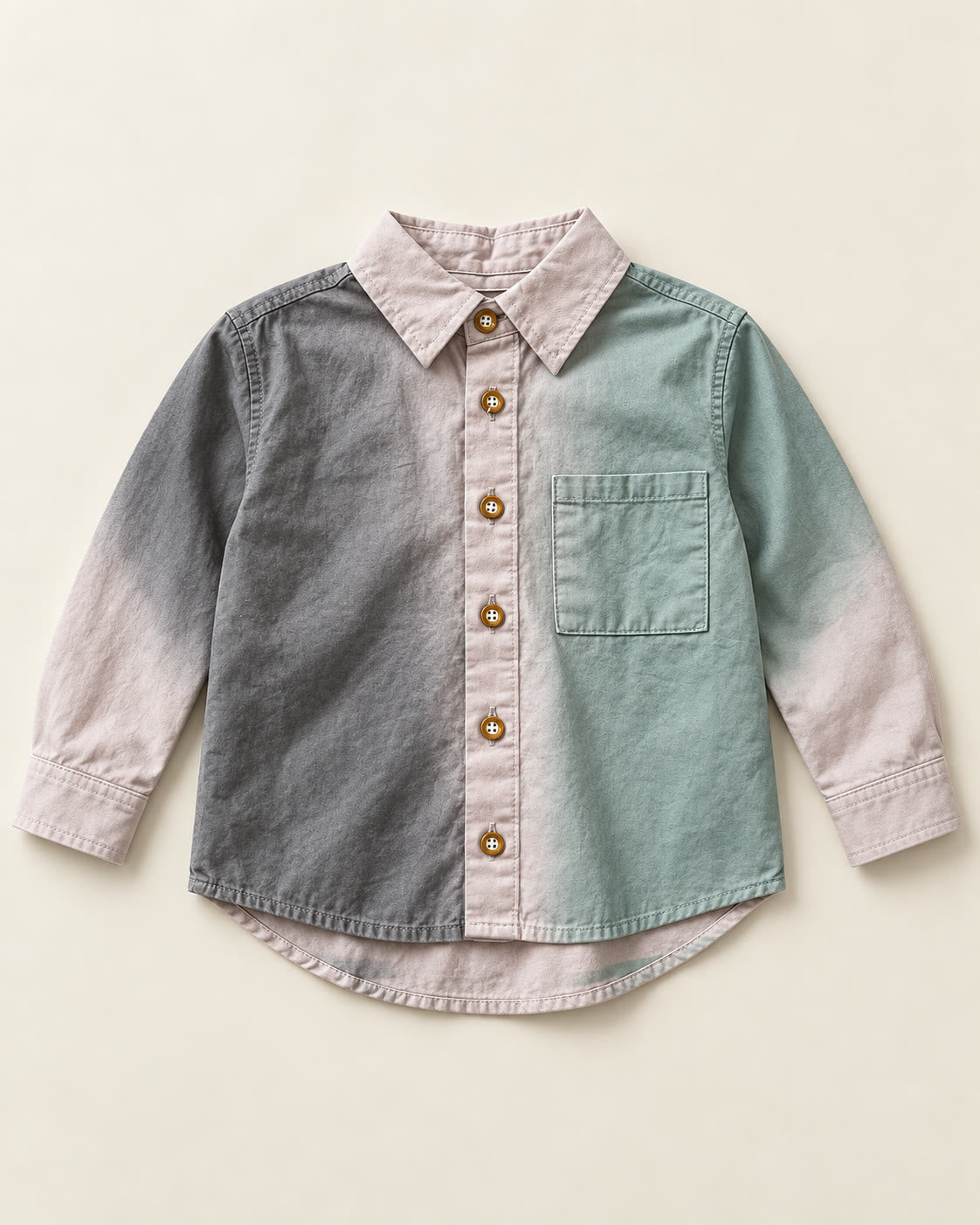 Charcoal, blush and sage five-button shirt flat lay with blush sleeve ends