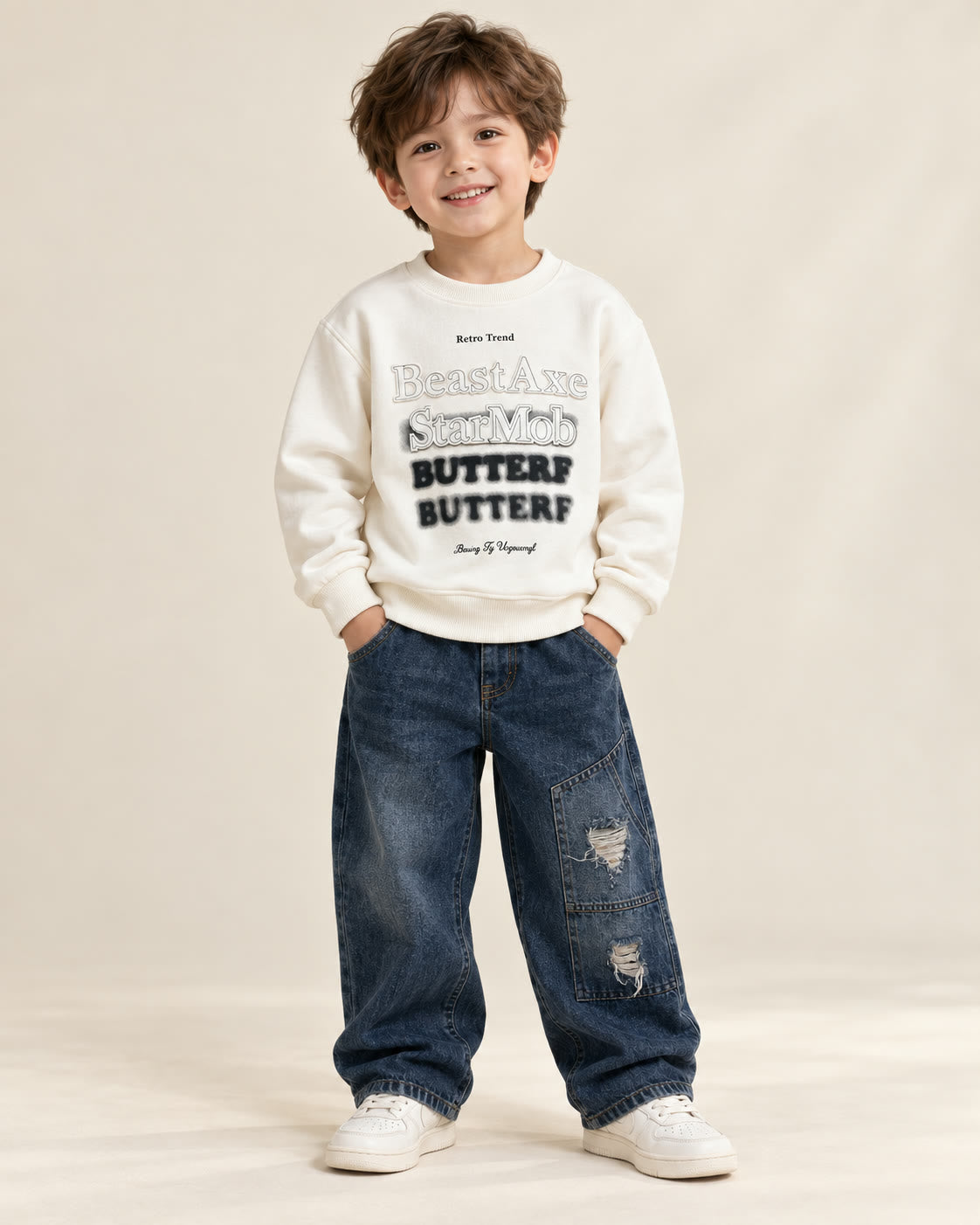 Boy wearing cream long-sleeve graphic sweatshirt with loose denim jeans