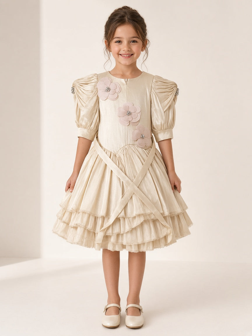 Girl wearing ivory champagne floral appliqué party frock with blush flowers, puff sleeves and rhinestone sleeve band