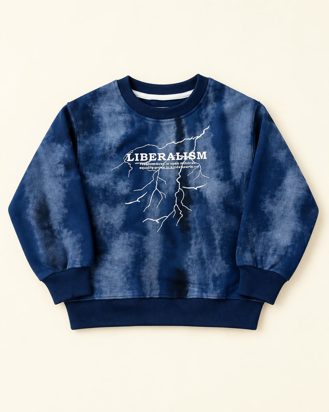 Flat lay of navy tie-dye LIBERALISM graphic sweatshirt