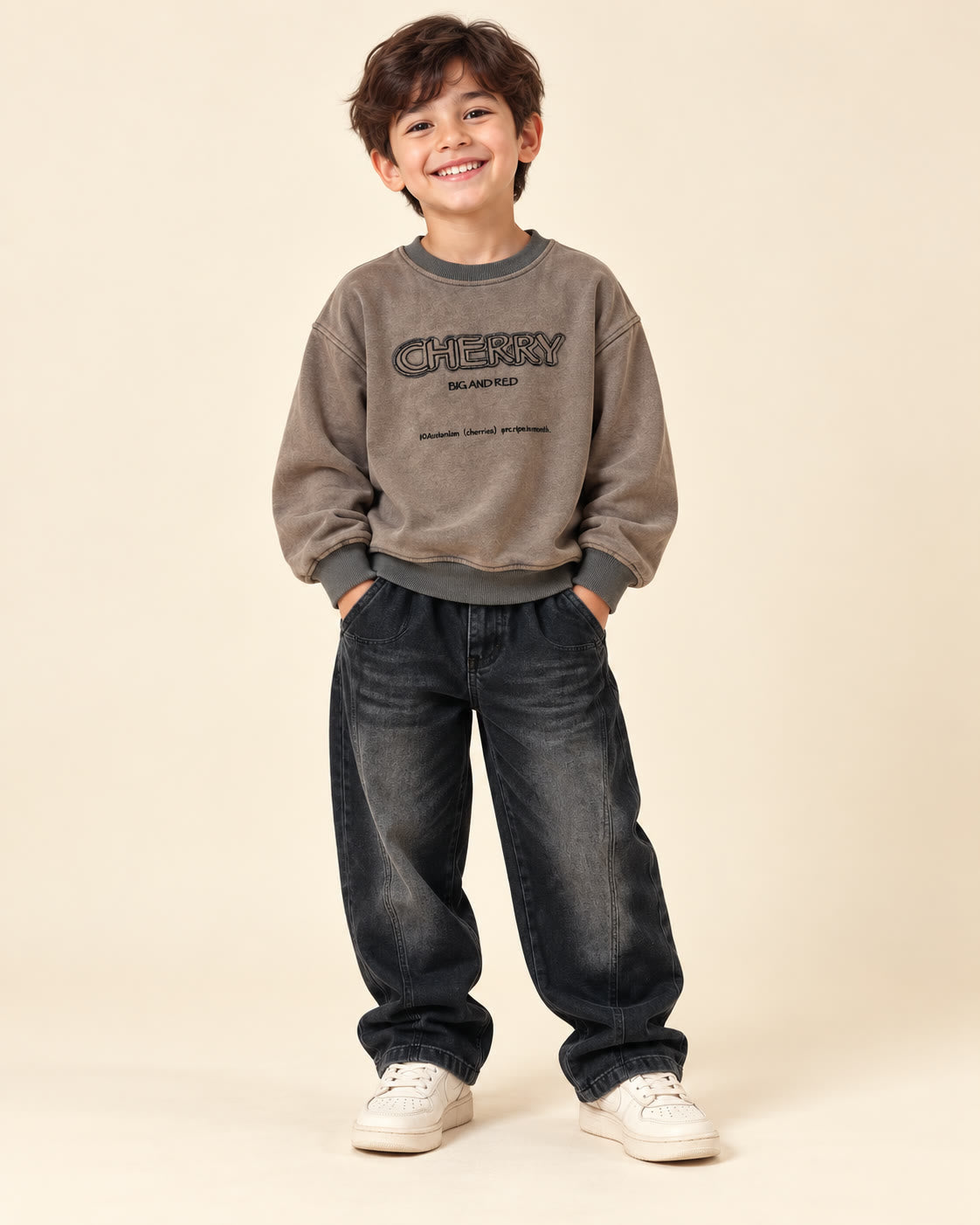 Boy wearing taupe CHERRY graphic sweatshirt