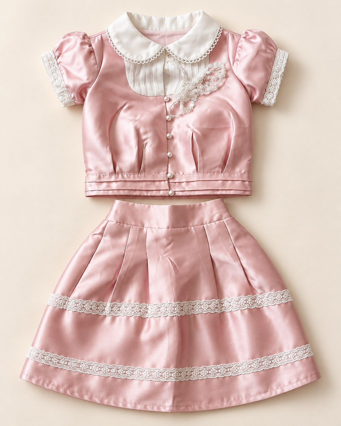 Blush pink satin girls jacket and pleated skirt set flat lay showing two white lace bands