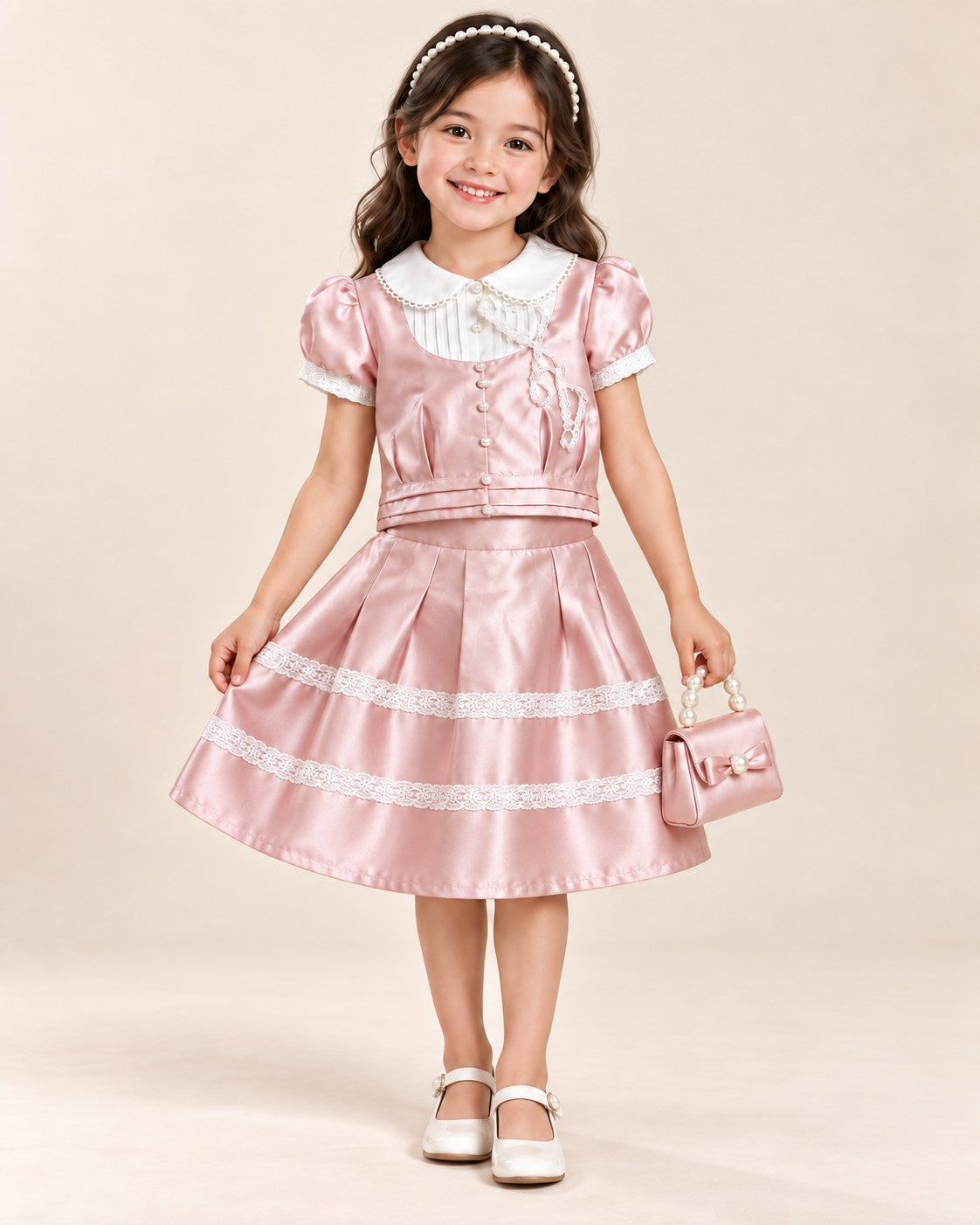 Girl wearing blush pink satin jacket and pleated skirt set with pearl headband mini bag and white shoes