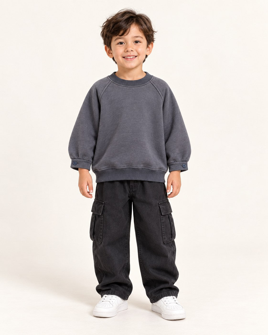 Charcoal raglan sleeve sweatshirt for kids ages 3 to 7, boy wearing with baggy cargo pants
